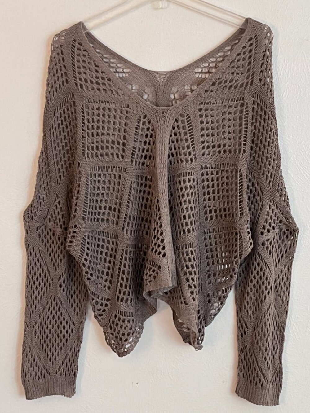 Women's Light Brown Open Crochet V-Neck Long Sleeve Top 1XL Layering Boho Beach